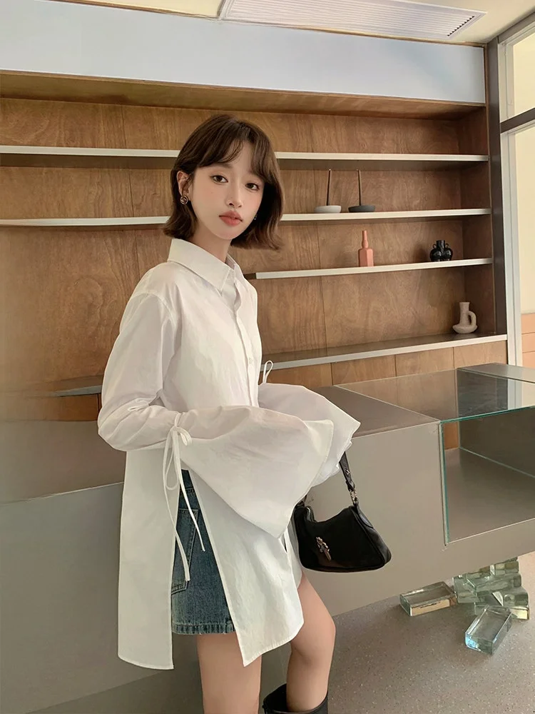 

Белая миди-рубашка Cheeseandkisses с пышными рукавами и бантом, свободного кроя, из чистого хлопка, с длинными рукавами, на пуговицах, женская модная одежда