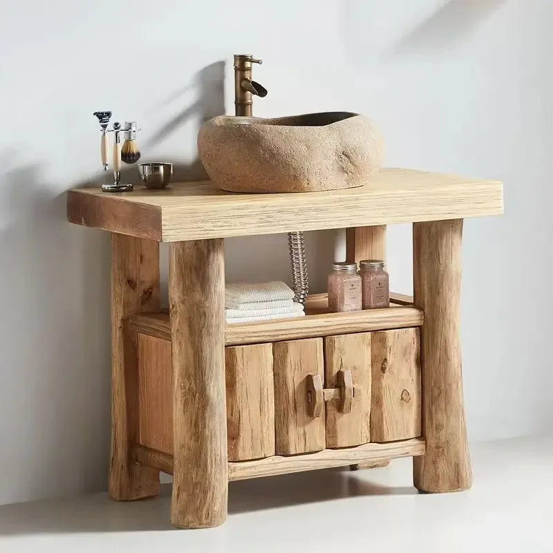 Wabi-sabi Style Solid Wood Bathroom Side Cabinet Vintage Nostalgic Washbasin Storage Cabinet for Hotel Bathroom