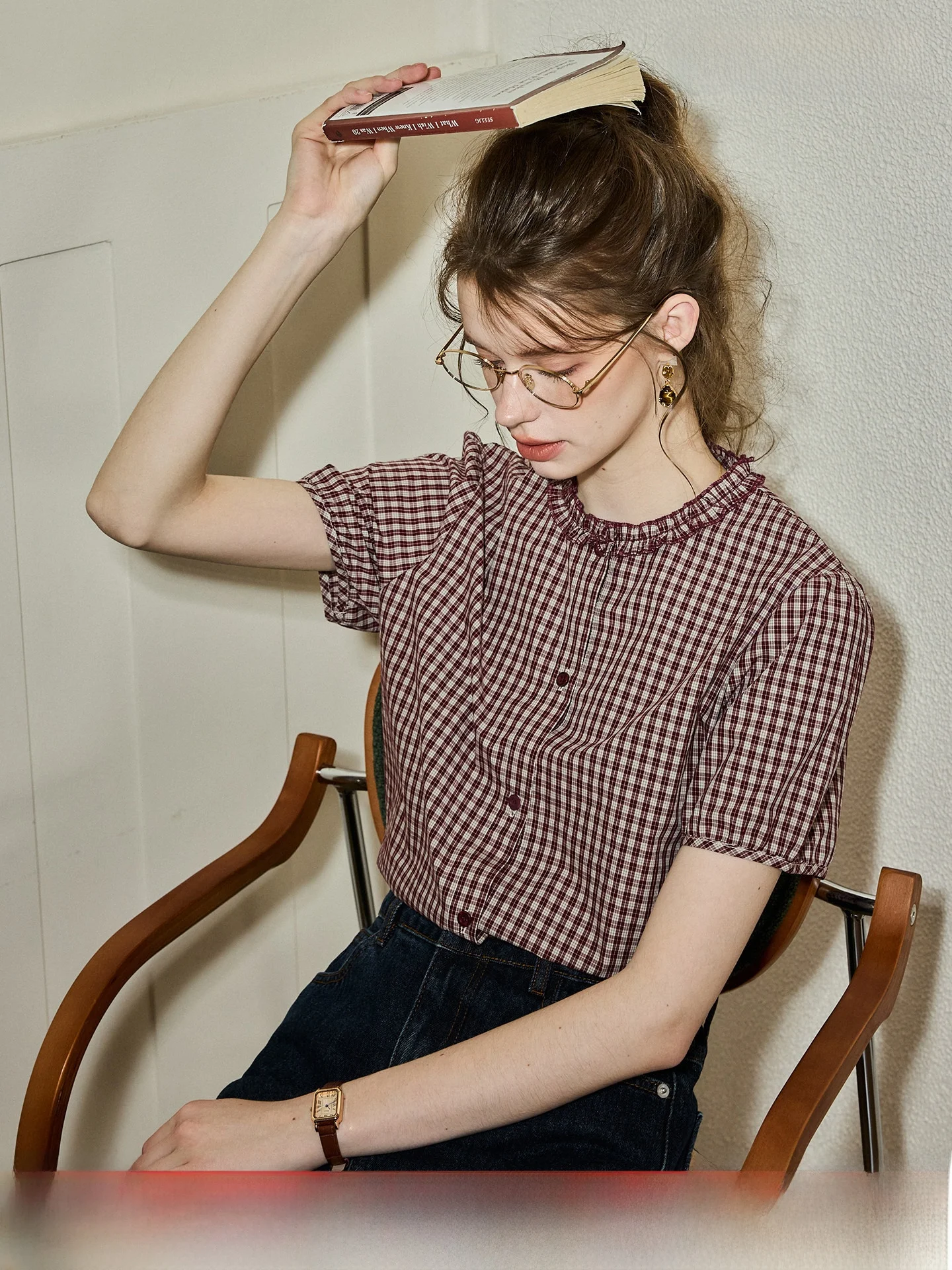 

100% Cotton Red Plaid Shirt Women's Short Sleeve Office Wear Summer Slimming Style Korean Loose Fit Button Detail Ear Design