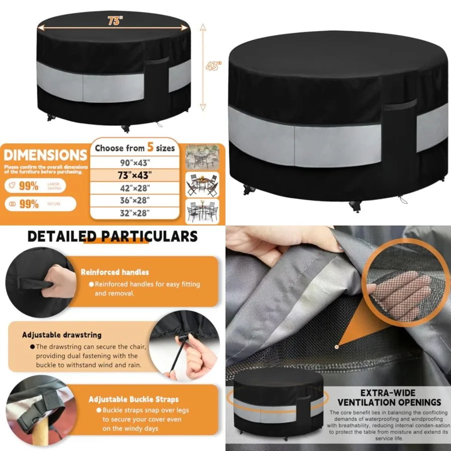 

Round Patio Bar Height Table and Chair Cover Grey Waterproof Up to 10000pa for 73 x 43 Inch Outdoor Round Furniture Set Covers