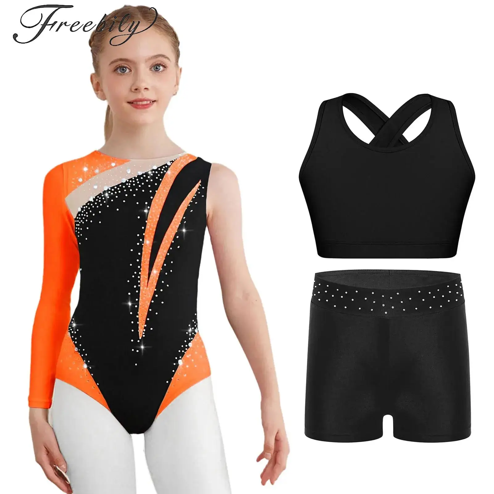 

Kids Girls Rhinestone Ballet Jersey Leotard Tights Bodysuit and Shorts Set Gymnastics Artistic Figure Skating Dance Costume