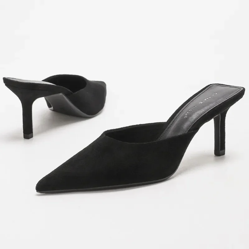 Elegant Suede Mules Women High Heels Slippers 2026 New Comfort Sandals Women Pumps Concise Pointed Toe Slides Heels for Ladies