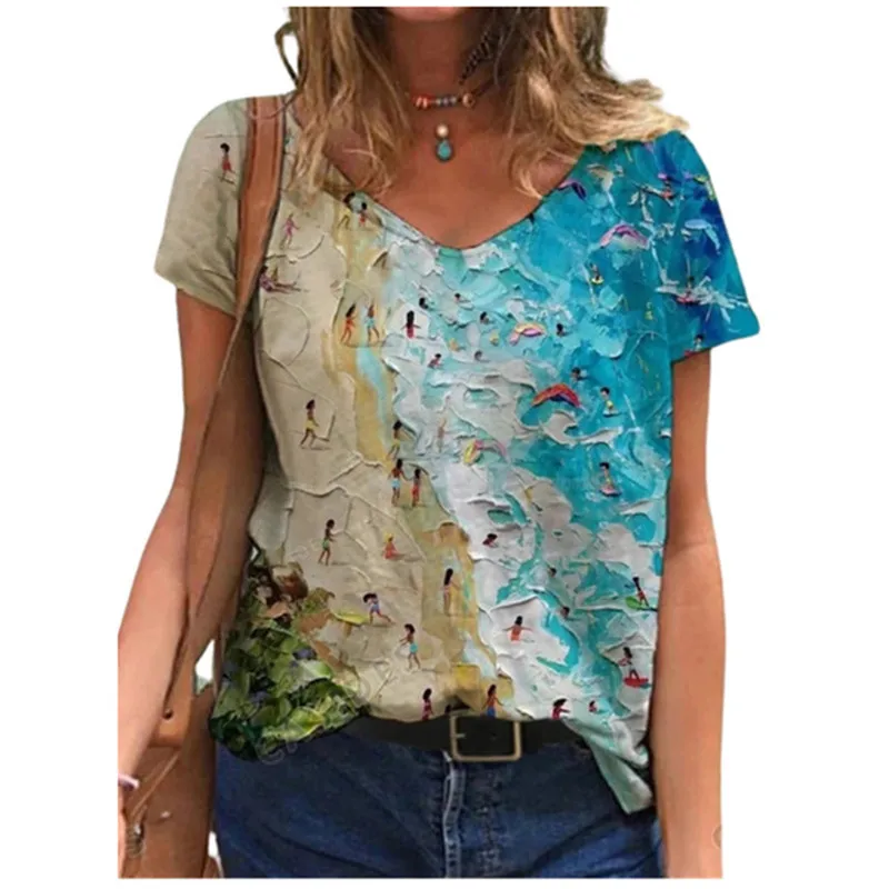Fashion New Flower Floral 3D Print T-Shirts Women\'s Streetwear V-Neck T Shirt Female Tee Tops Oversized Harajuku Y2k Clothing