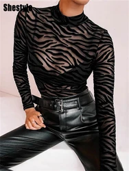 Shestyle Tigre di Stampa Della Maglia Trasparente Della Tuta Delle Donne Nero Sexy Mock Neck Button Manica Lunga Primavera Punk Elastico Del Corpo Sottile