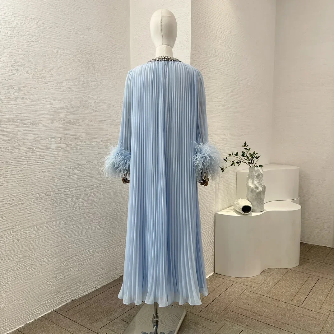 2024 New Collection Women Blue Ruched Pleat Feather Diamonds Top Quality Luxury Dress