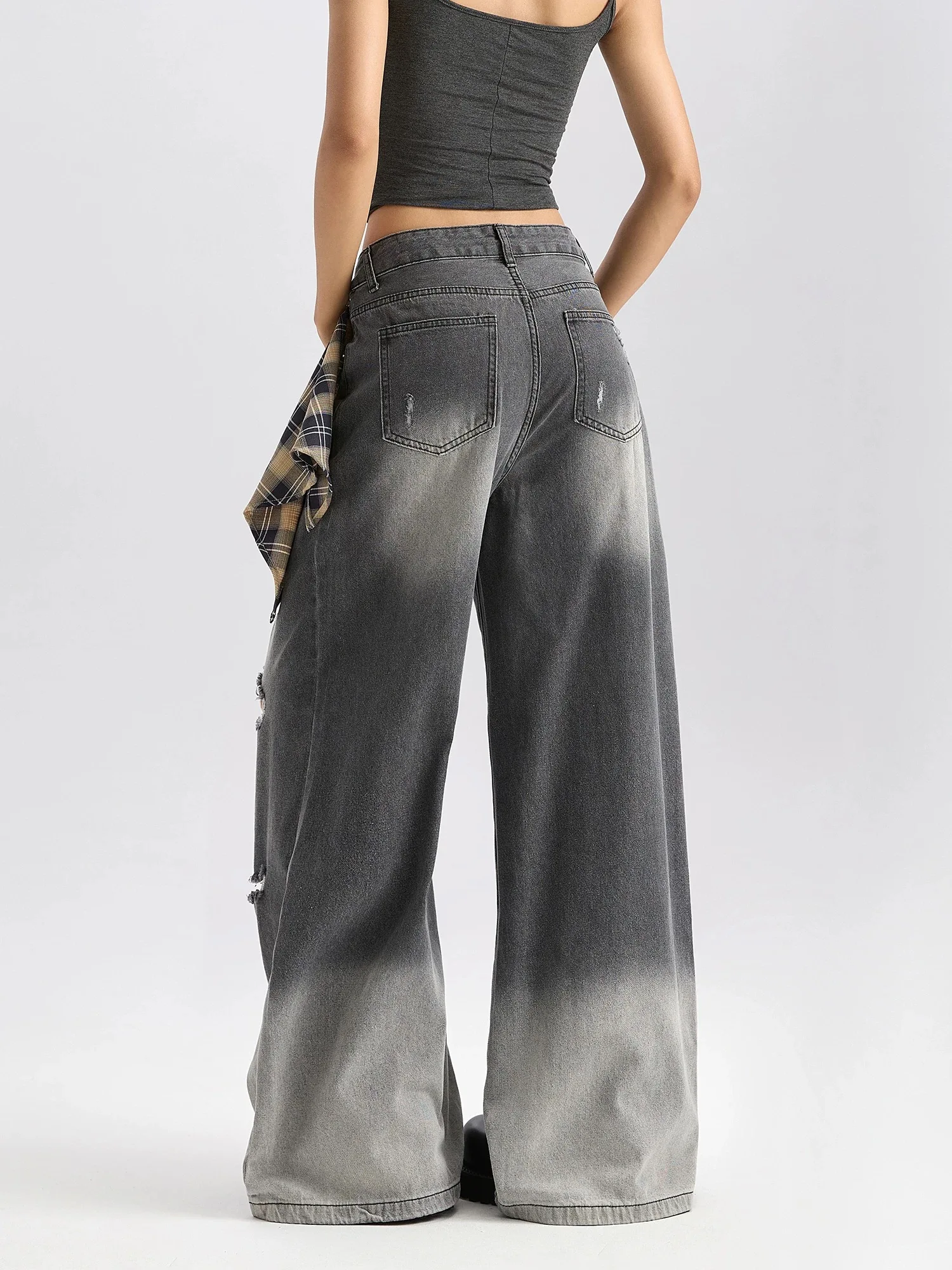 Y2K – jean à jambes larges pour femmes, pantalon rétro américain avec rideau de pet, noir et gris, ample, jambe droite, longueur au sol, nouvelle collection automne