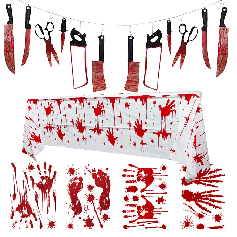 

Blood Handprint Decoration Elastic Halloween Banner Blood Tablecloth Stickers Party Hanging Ornament Creative Halloween Party