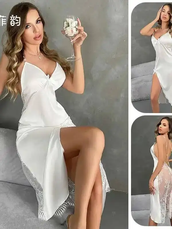 Weiß Nachtwäsche Sexy Lange Nachthemd Frauen Satin Dessous Sommer Neue Homedress Loungewear Pijama Sexy Kleid Elegante Casual LJRN