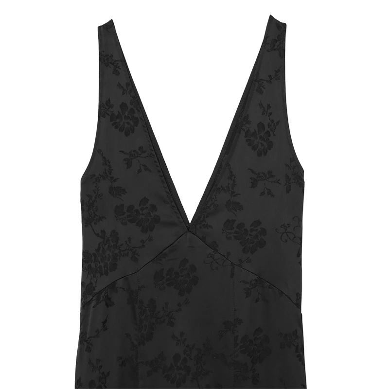 Abito lungo da donna in jacquard floreale nero: abito senza maniche con scollo a V profondo, abiti formali eleganti e da sera