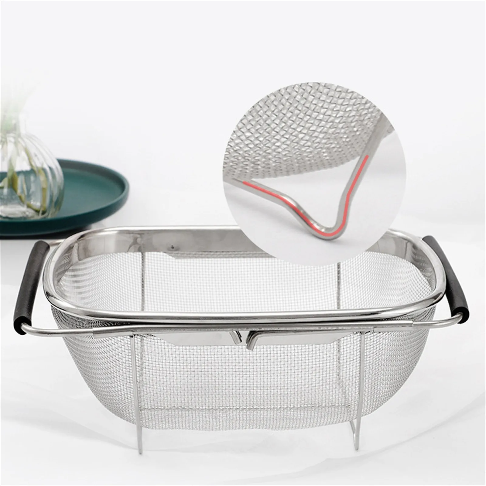 Stainless Steel Retractable Drain Basket Rubber Grip Handles Oval Colander Sink Vegetables Draining Rack Home Storage Basket