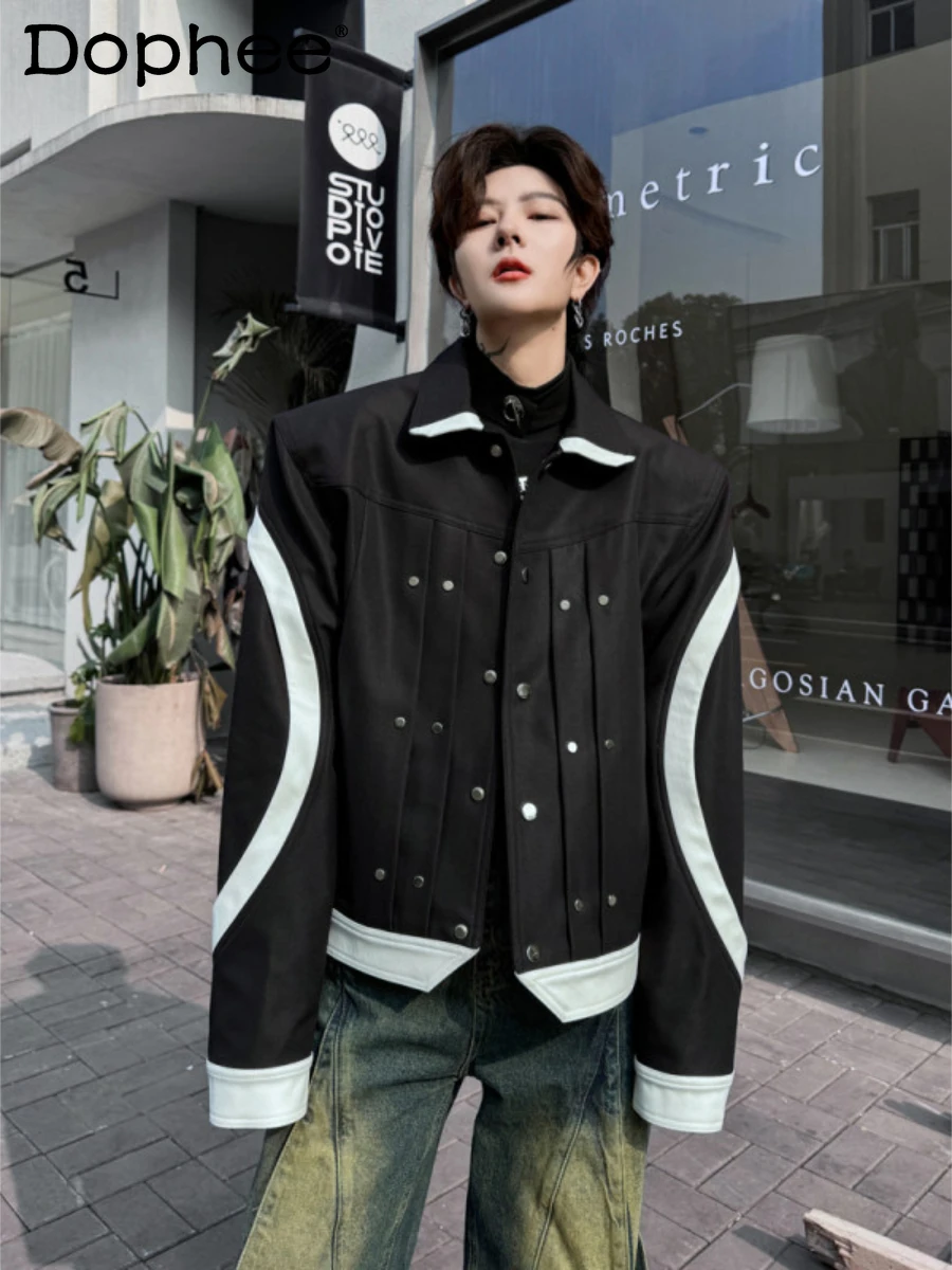 

Fashion 2024 Spring Lapel Rivets Casual Jacket Coat Trendy Male High-End Long Sleeve Contrast Color Single Breasted Men's Tops