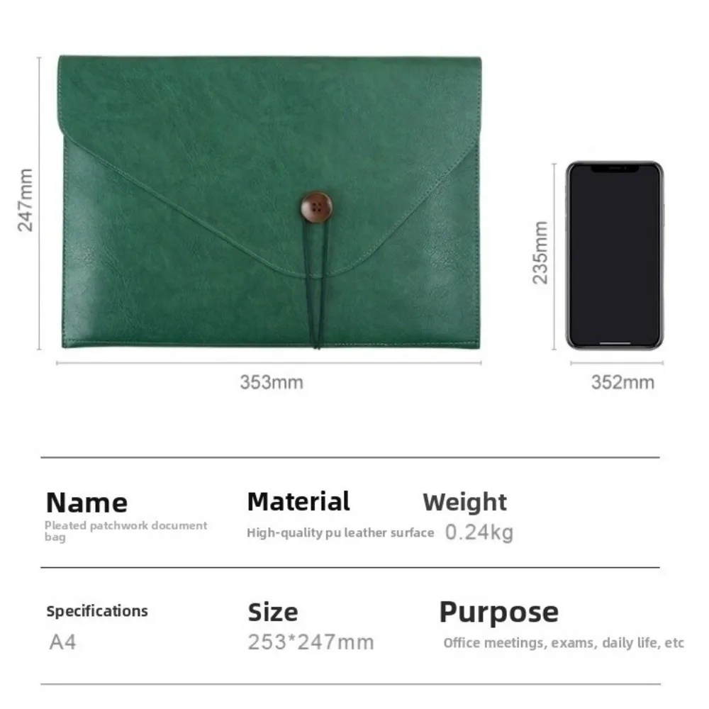 Bolsa retrô de couro PU para documentos A4, bolsa para laptop comercial com botão, pasta de arquivo portátil, armazenamento de escritório