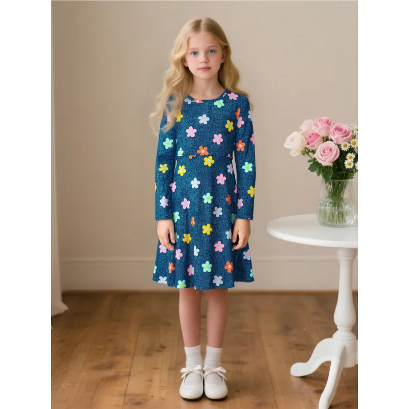 Girls 2025 Spring and Autumn Colorful Flower Print, Sweet Princess Style Long-sleeved Dress, Waist A-shaped Dress