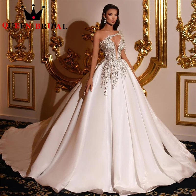 

Crystal Beading Deep V Wedding Dresses One Shoulder Long Sleeve Floor Length Luxury Bridal Ball Gowns Robe De Mariée Custom Y54X