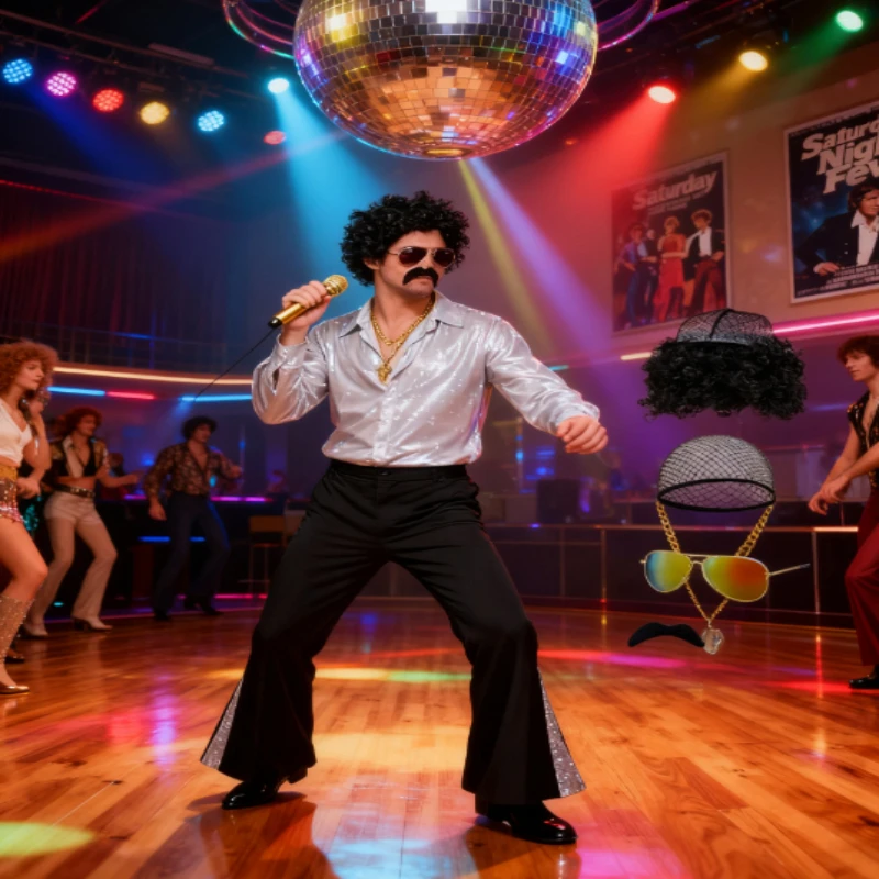 

Новый комплект костюма для мужчин в стиле диско 70-х: рубашка с принтом и брюки-клеш для ретро-вечеринок, коллекция 2025 года