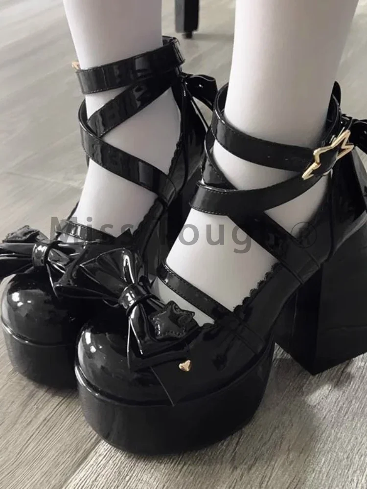 Słodkie Vintage Mary Janes Shoes Women Star Buckle Lolita Kawaii Platform Shoes Female Bow-knot Cute Designer Shoes 2023, Summer