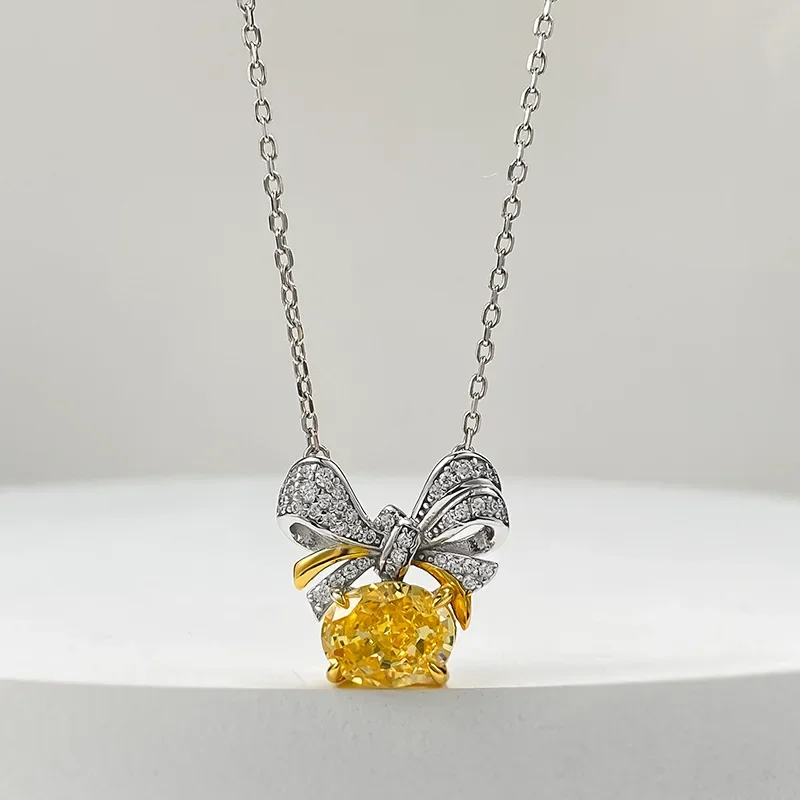 2024 New S925 Silver Bow High Carbon Diamond 7 * 9mm Yellow Diamond Ice Flower Cut Necklace Pendant for Women