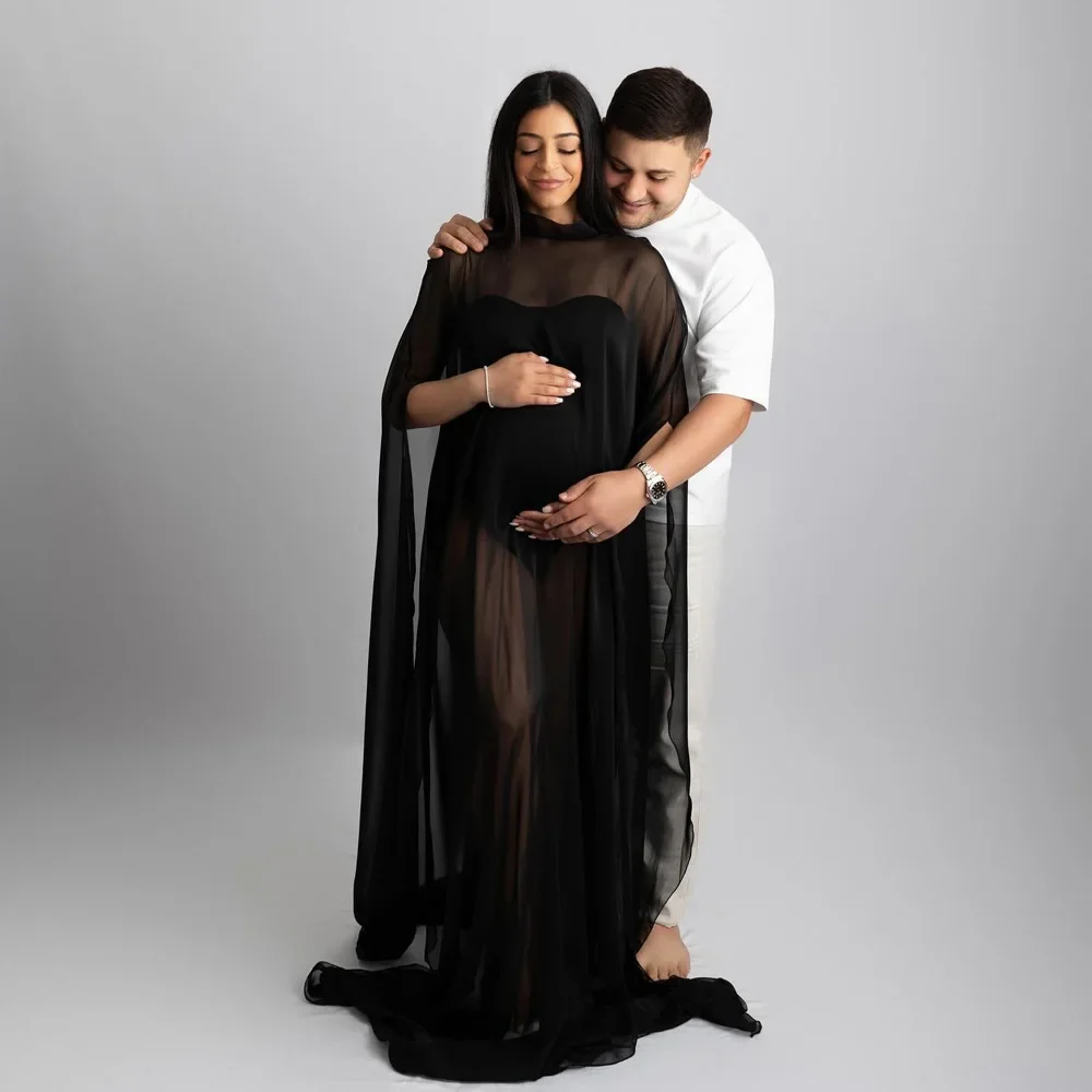 

Maternity See Through Photoshoot Dresses Black Sexy Pregnant Women Chiffon Floor-length Maxi Baby Shower Gowns Photography
