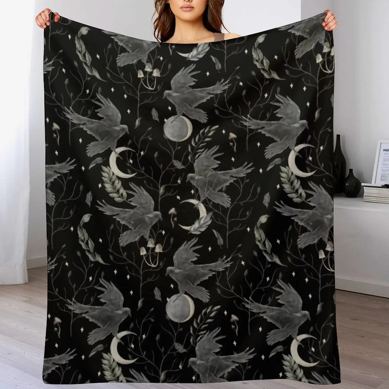 

watercolor crow Throw Blanket halloween Furry Soft Plush Plaid christmas decoration Blankets