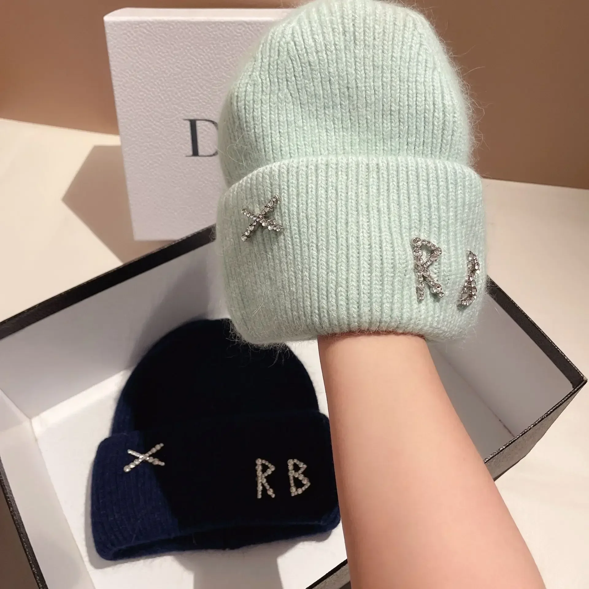 Real Rabbit Fur Diamonds Letter Beanies Hats for Women Winter Warm Knitted Hat F Lady Casual Bonnet Skiing Cap