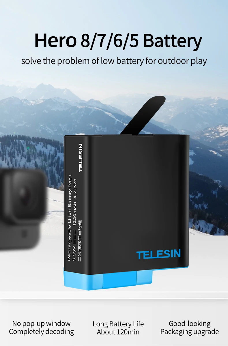 TELESIN-Bateria para GoPro Hero 5, 6, 7, 8, 1750 mAh, 3 maneiras, caixa do carregador rápido, armazenamento de cartões TF, acessórios Hero 9