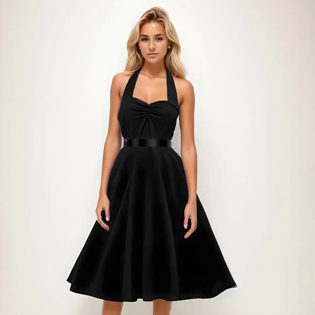 Elegant Women Evening Dress Lace-up Halter Neck A-line Off Shoudler Solid Color Retro Cocktail Party Wedding Midi Dress