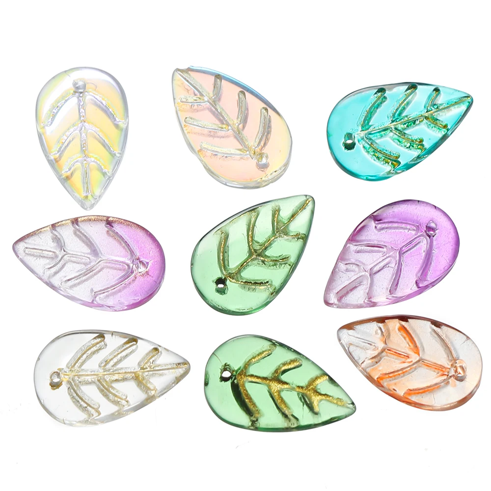 10 30pcs/lot Gradient Leaf Shaped Glass Pendant Beads Transparent Spacer Beads For DIY Bracelet Necklace Making Accessories