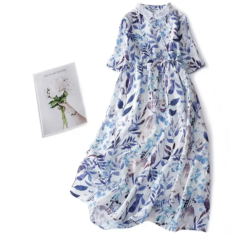 Robe longue en coton et lin pour femmes, mode d'été, motif Floral français, manches courtes, imprimée, ample, 2025