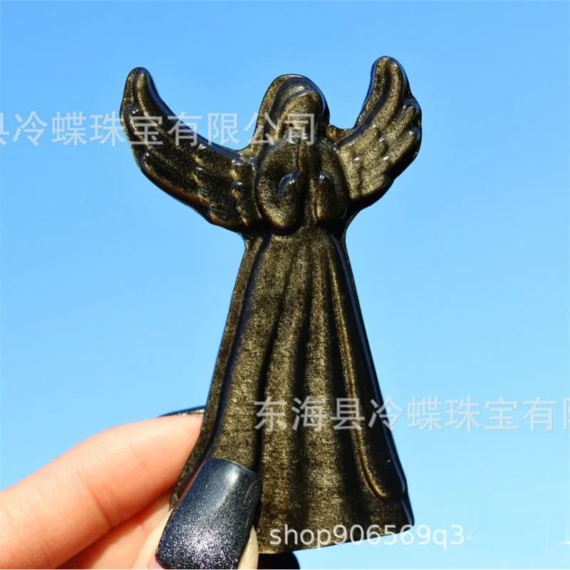 Gold Sheen Obsidian Angel Lucky Natural Quartz Crystal Gemstone Praying Angel Sculpture Gift for Women and Girls