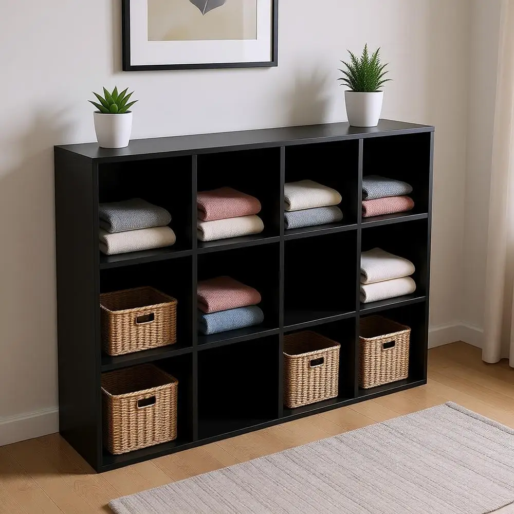 

Стеллаж для хранения из 12 кубов - деревянный 3-ярусный напольный открытый книжный шкаф для дома и офиса, витрина, черный