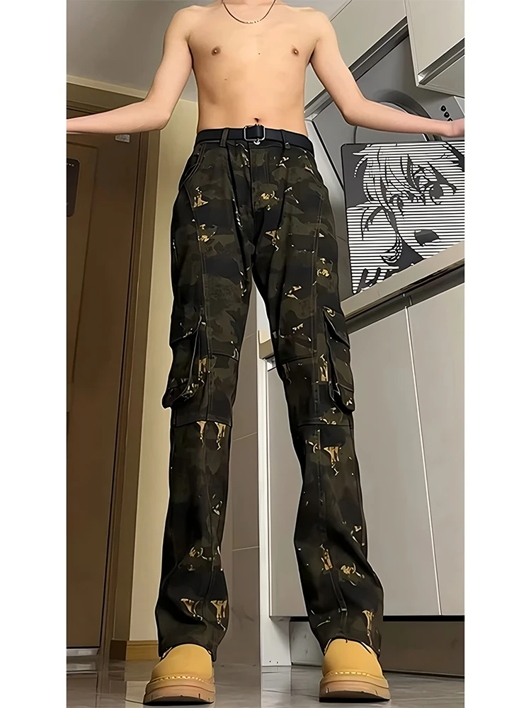 

Американские ретро-джинсы с камуфляжным принтом для мужчин, весенне-осенние, прямые, зауженные, повседневные брюки в стиле рабочей одежды, молодежный тренд