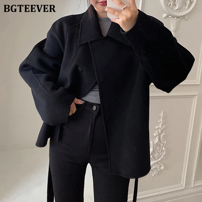 BGTEEVER Elegant Thicken Warm Women Blend Coats Autumn Winter Lapel Belted Female Woolen Jackets