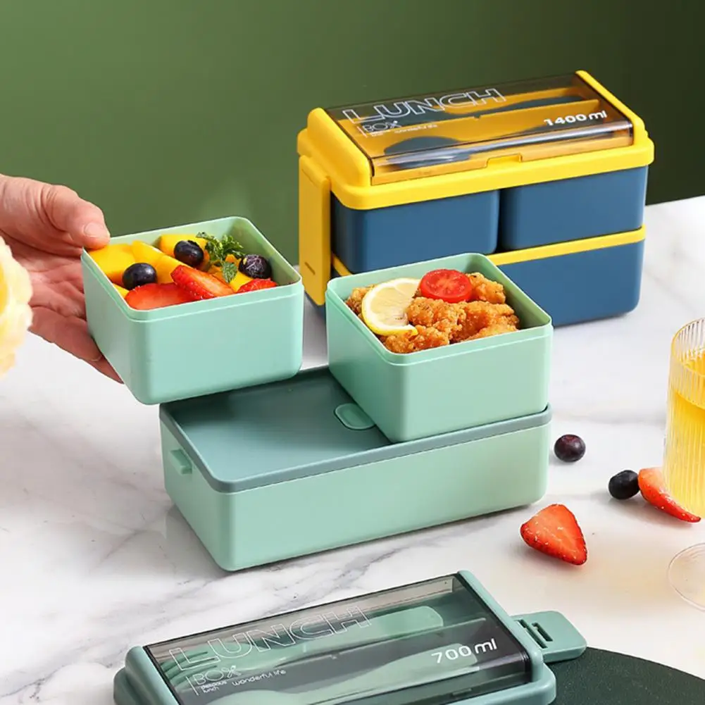 Lunch Box with Multi-layer Compartments Sealed 1400ml Double Plastic Lunch Box with Three for Meal for Kids for School