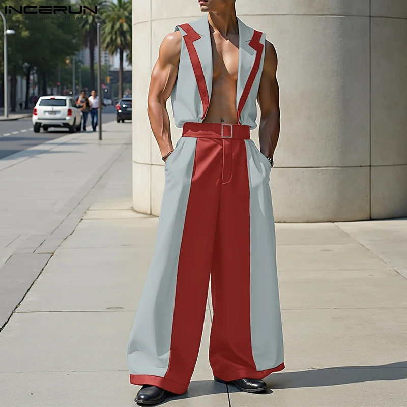 INCERUN Set Pria Rompi Tanpa Lengan Kerah Warna-warni Tambal Sulam & Celana Kaki Lebar 2 Potong Setelan Kasual Pria Fashion Longgar Pakaian Jalanan
