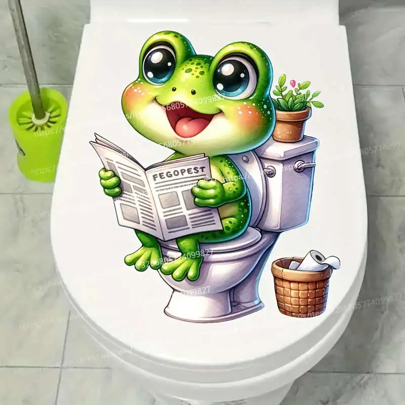 Cute Frog & Panda &Puppy& Cat Reading Newspaper on The Toilet Creative Toilet Home  Decoration Waterproof Stickers S480