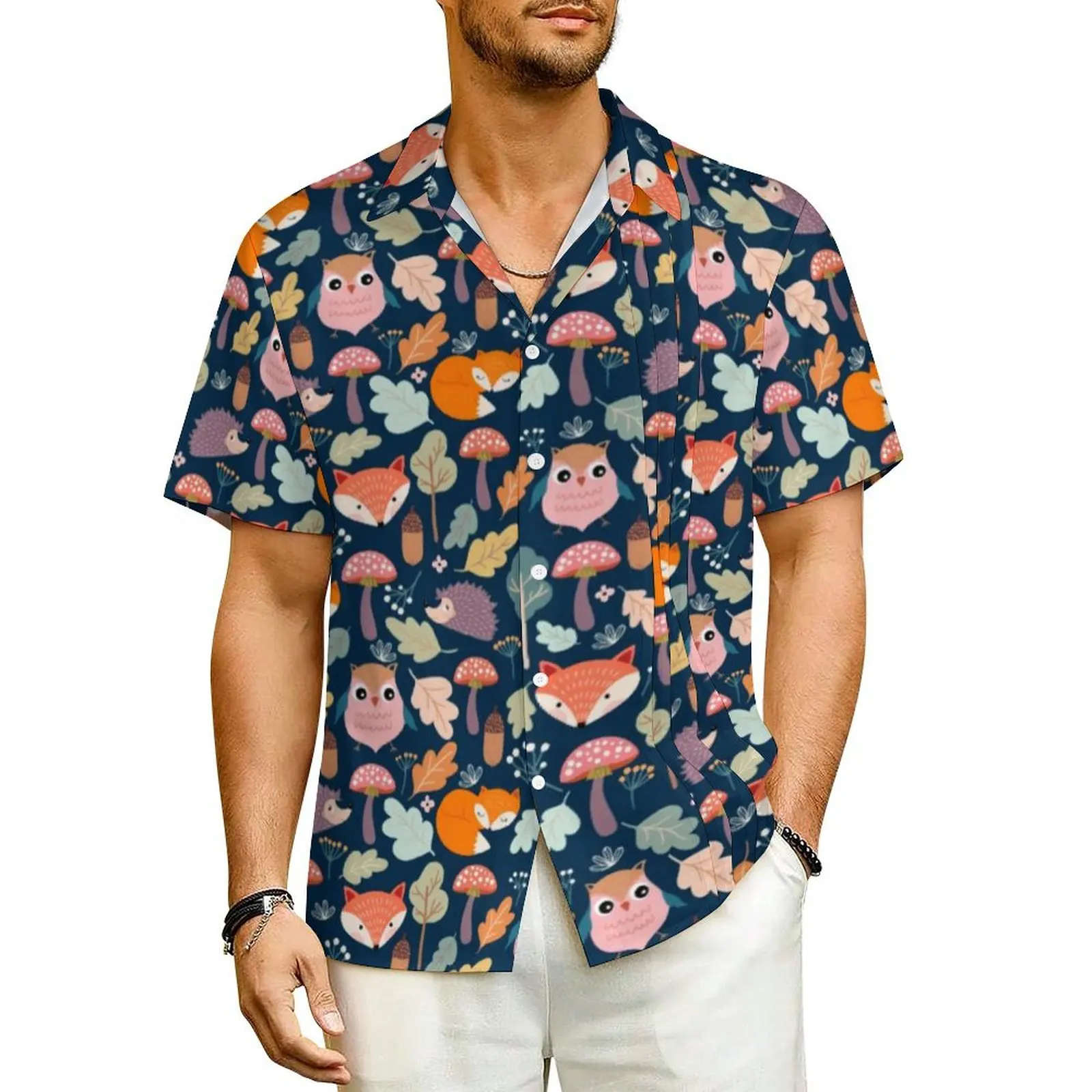 

Owl Fox Print Hawaiian Shirt Men Vacation Cute Fall Forest Print Casual Shirts Short Sleeve Harajuku Novelty Oversized Blouses