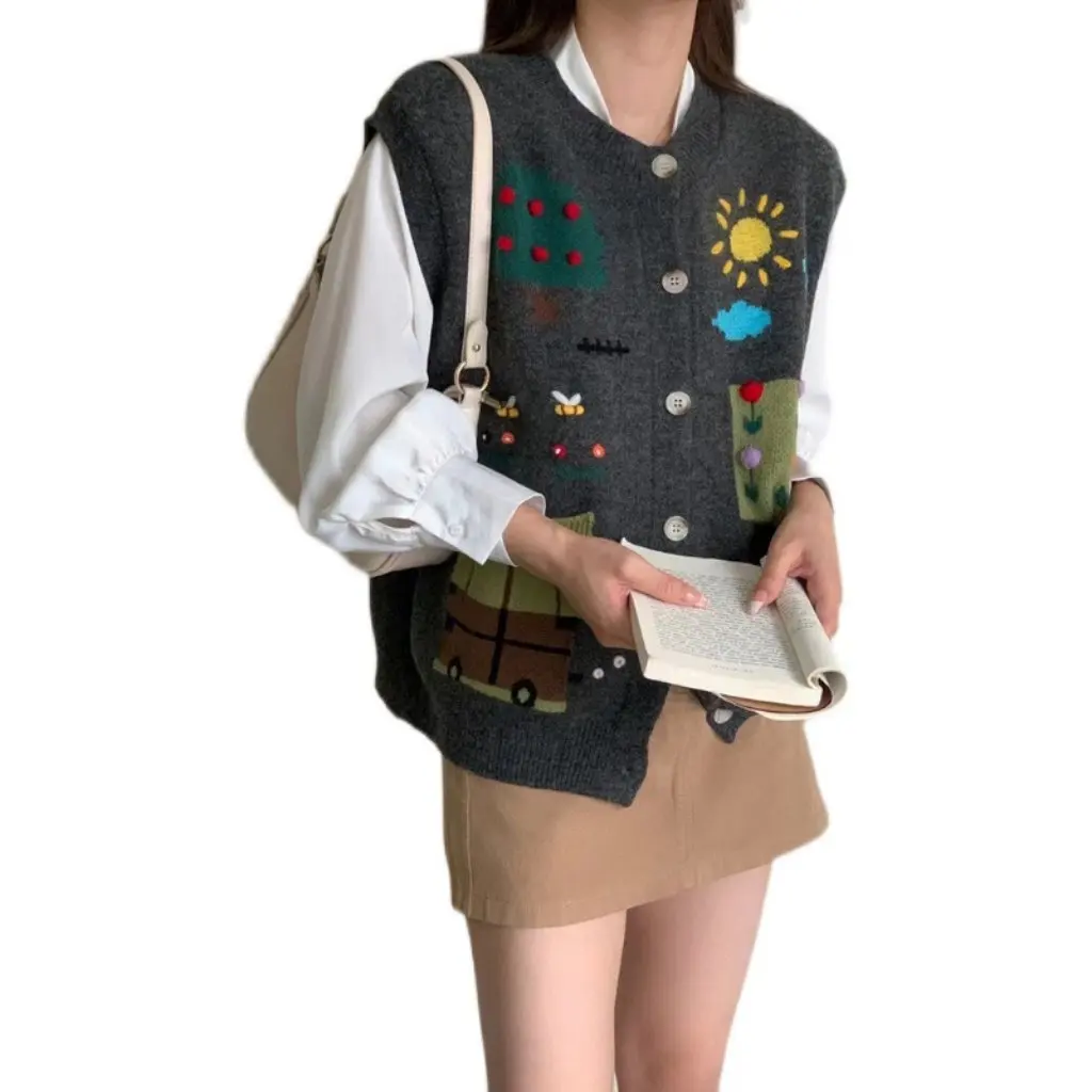 

Детский вязаный жилет с героями мультфильмов, женская осенняя верхняя одежда, однобортный свободный жилет в стиле ретро с круглым вырезом, пальто