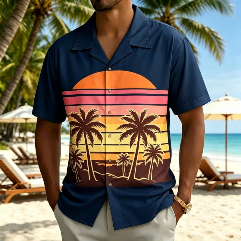 Men's vintage sunset print Hawaiian shirt, suitable for summer activities, outdoor travel, casual styling, and daily wear