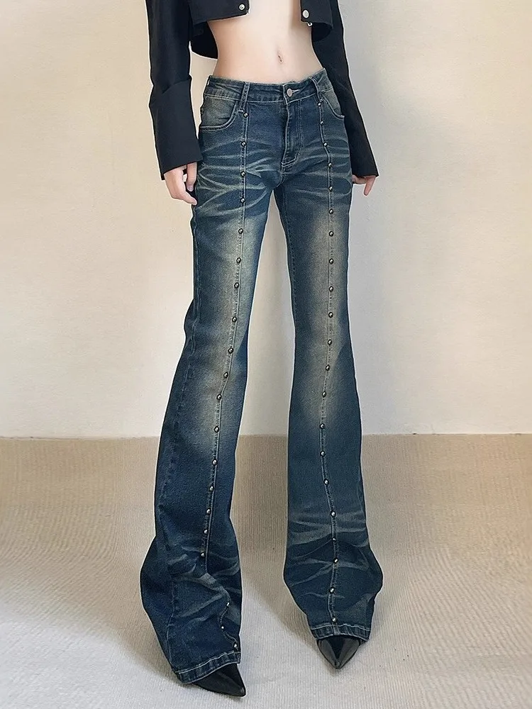 

High Waist Floor Length Micro Flare Pants Women's Straight Leg Jeans Blue Color mid Stretch High Waist Design Winter Collection