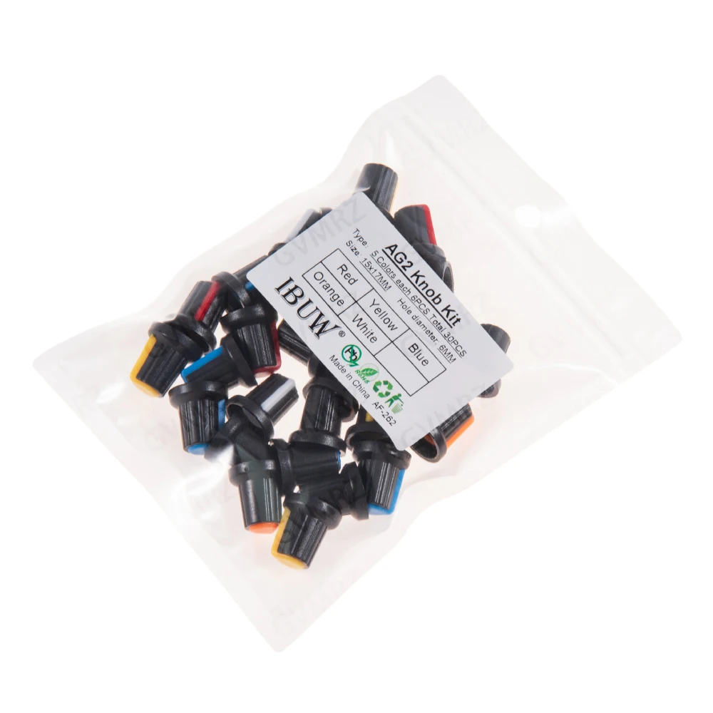 30PCS 5Color AG2 Knob Kit 15x17MM 6MM Hole Diameter for Potentiometer & Switch DIY Electronic Projects Red Yellow Blue Orange