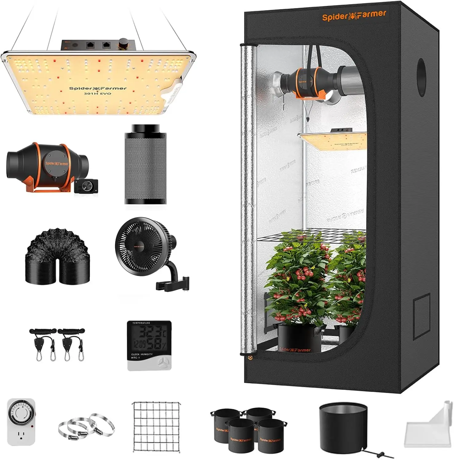 Spider Farmer EVO Grow Tent Kit Complete 28"x28"x63" SF-1000 Samsung LM301H EVO & Dimmable, Grow Tent Complete System 2.3x2.3ft