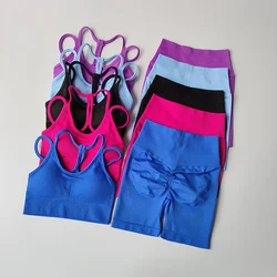 Conjunto de Yoga sin costuras para mujer, ropa deportiva para gimnasio, Sujetador deportivo de cintura alta y pantalones cortos, traje de entrenamiento Fitness, levantamiento de glúteos, ajustado, 2 piezas