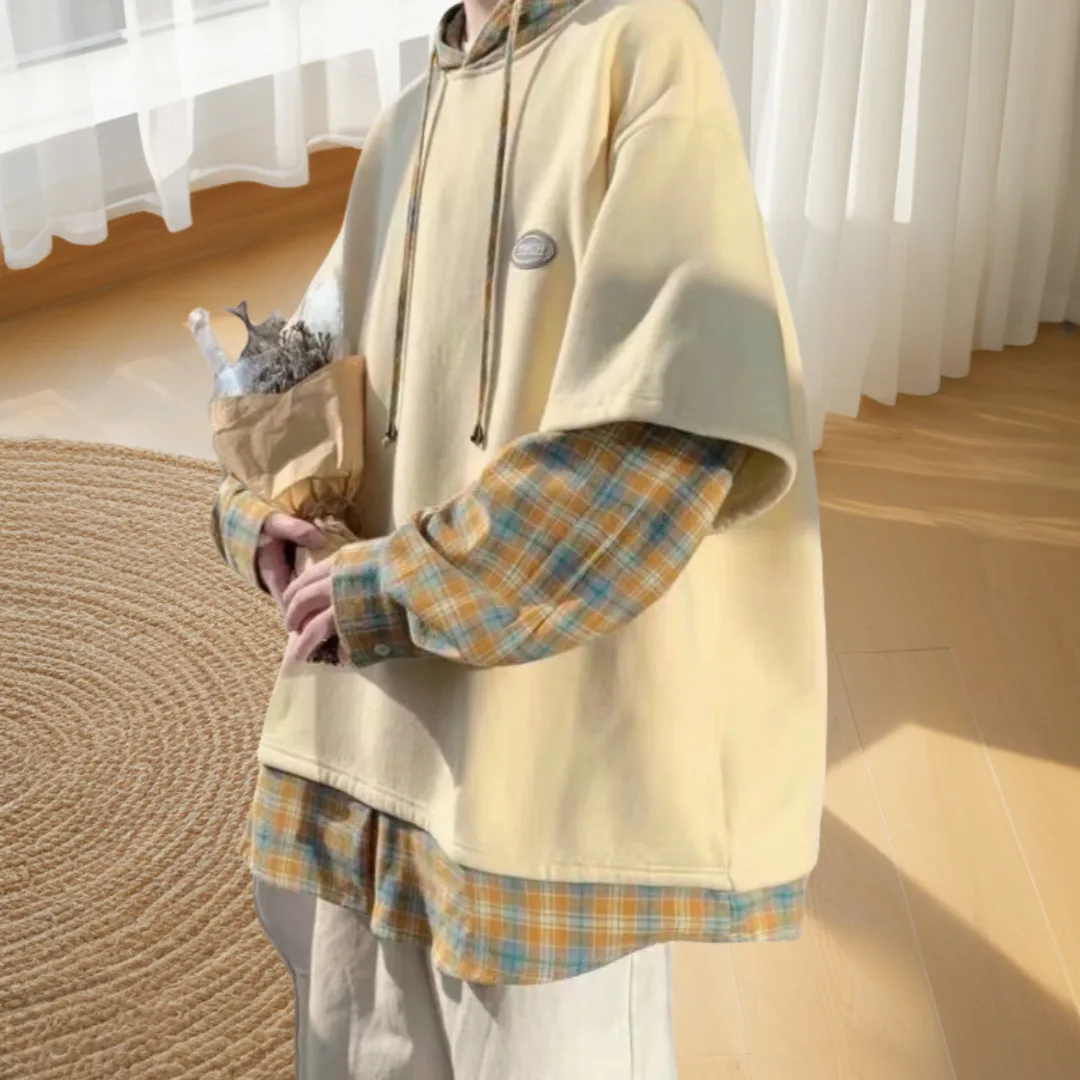 Women's Spring Autumn Thin Oversized Hoodie American Contrast Color Fake Two-Piece Plaid Loose Jacket Top