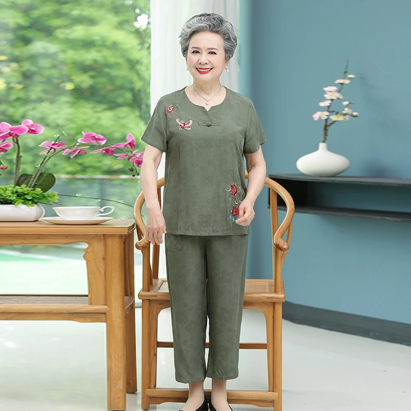 2024 Women's Summer Two Piece Set Middle-Aged Elderly Casual Mother Tracksuit Female Outifits Vintage Print Thin Suit FashionL