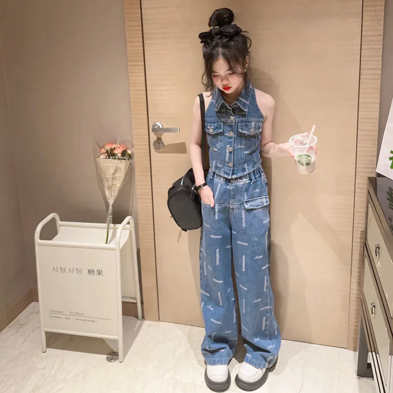 summer teenage girls clothes set Vintage halter top+high waist wide leg jeans pants 2pcs kids girl outfits Denim suit 8 12 14 15