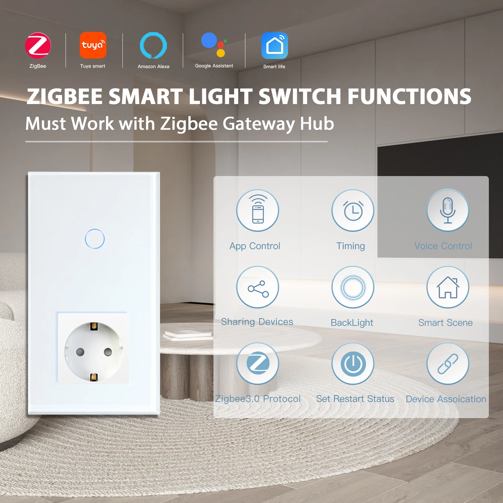 BSEED Zigbee 1/2/3Gang Wall Touch Switches Tuya Smart Life Alexa Control Plus EU Wall Socket USB Type-c Ports No Neutral Version