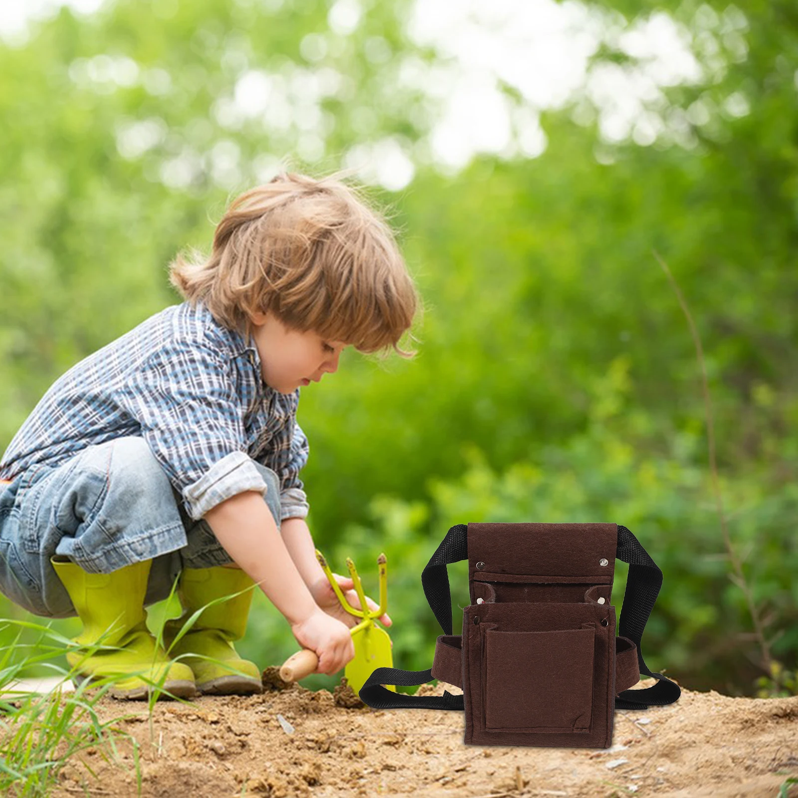 

Digging Toy Storage Bag Kids Gardening Set Tool Tote Lightweight Portable Brown Cloth Adjustable Waist Belt Dual Layer Kids