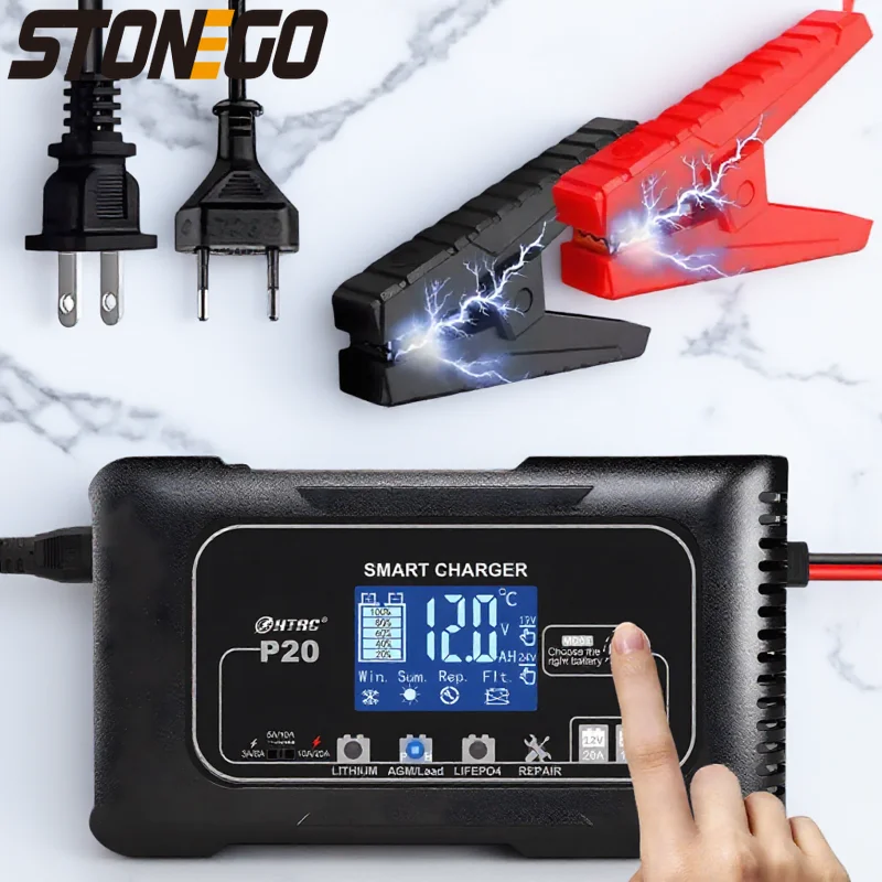 

12V 24V Smart Battery Charger for Auto Moto Repair Lead Acid AGM GEL PB LiFePO4 Lithium Batteries Universal Use