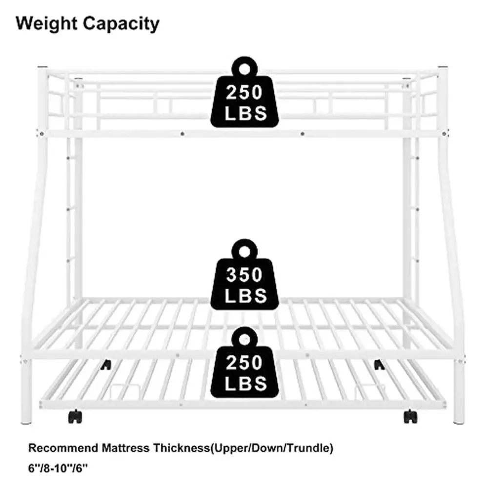 Triple Bunk Beds Twin Full Size Sturdy Steel Frame 2 Ladders Safety Wheeled White 78.1"L x 96.8"W x 63"H image 5