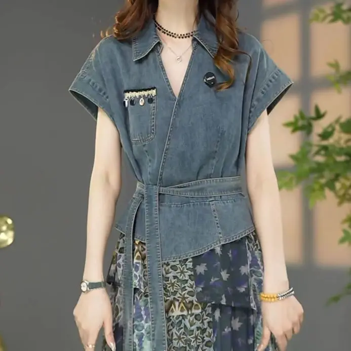 

Women's Summer Dress Fake Two Piece Cowboy New Vintage Simple Loose Casual Design Fashion Advanced Soft Niche Versatile Skinny